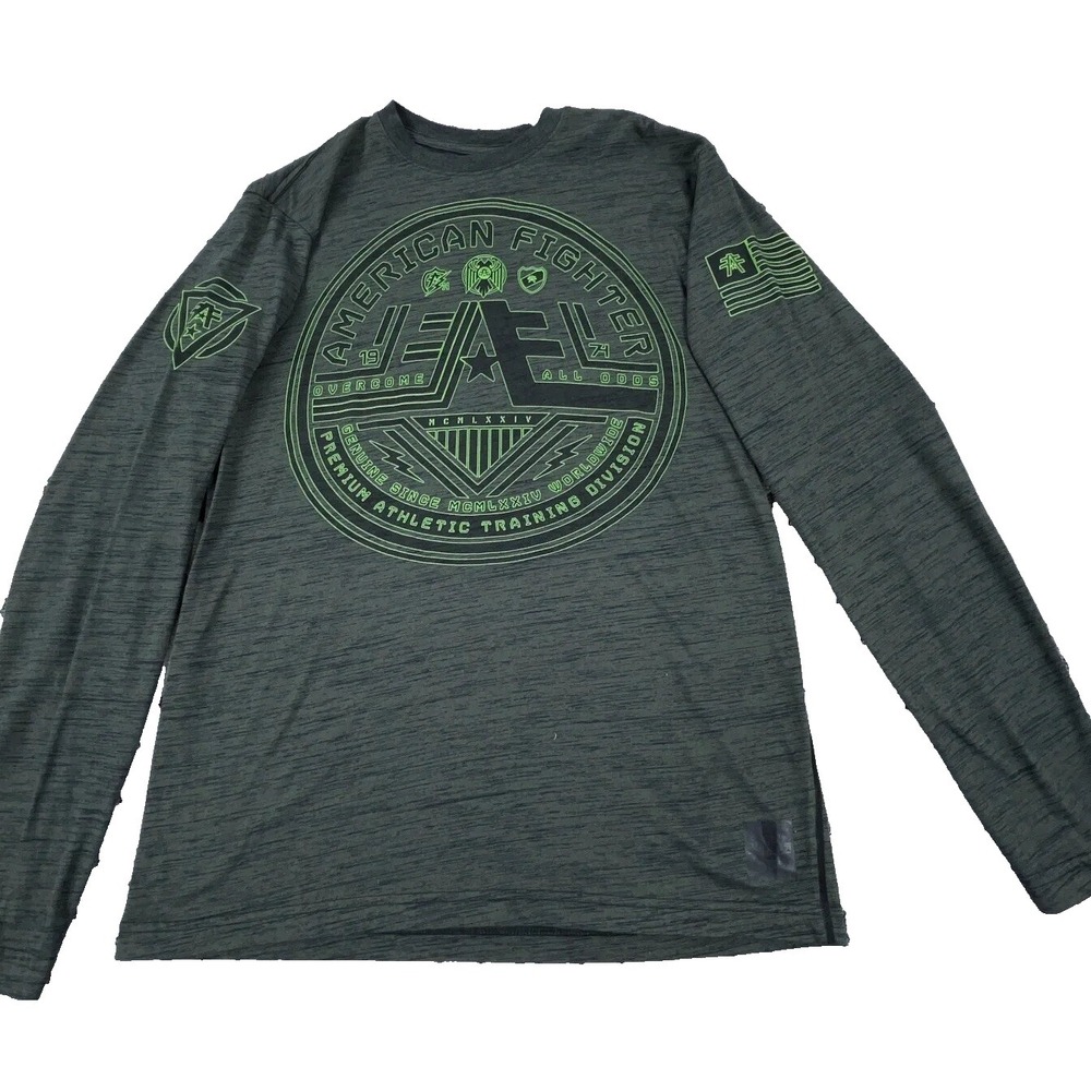 American Fighter Shirt Men Large Green Black Tee Spell Out MMA Mall Punk‎ Adult